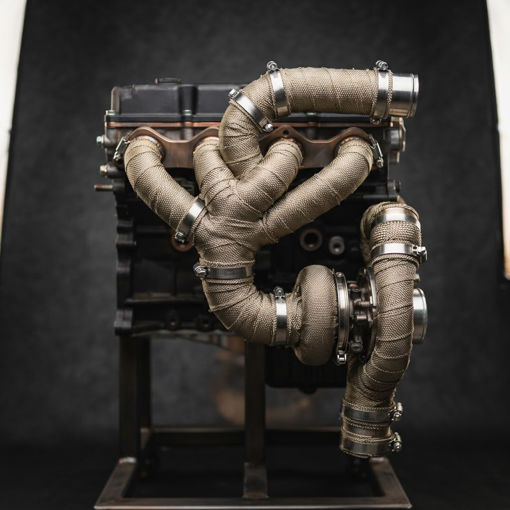 Exhaust manifold wrapped in DTHeatguard fiberglass heat wrap
